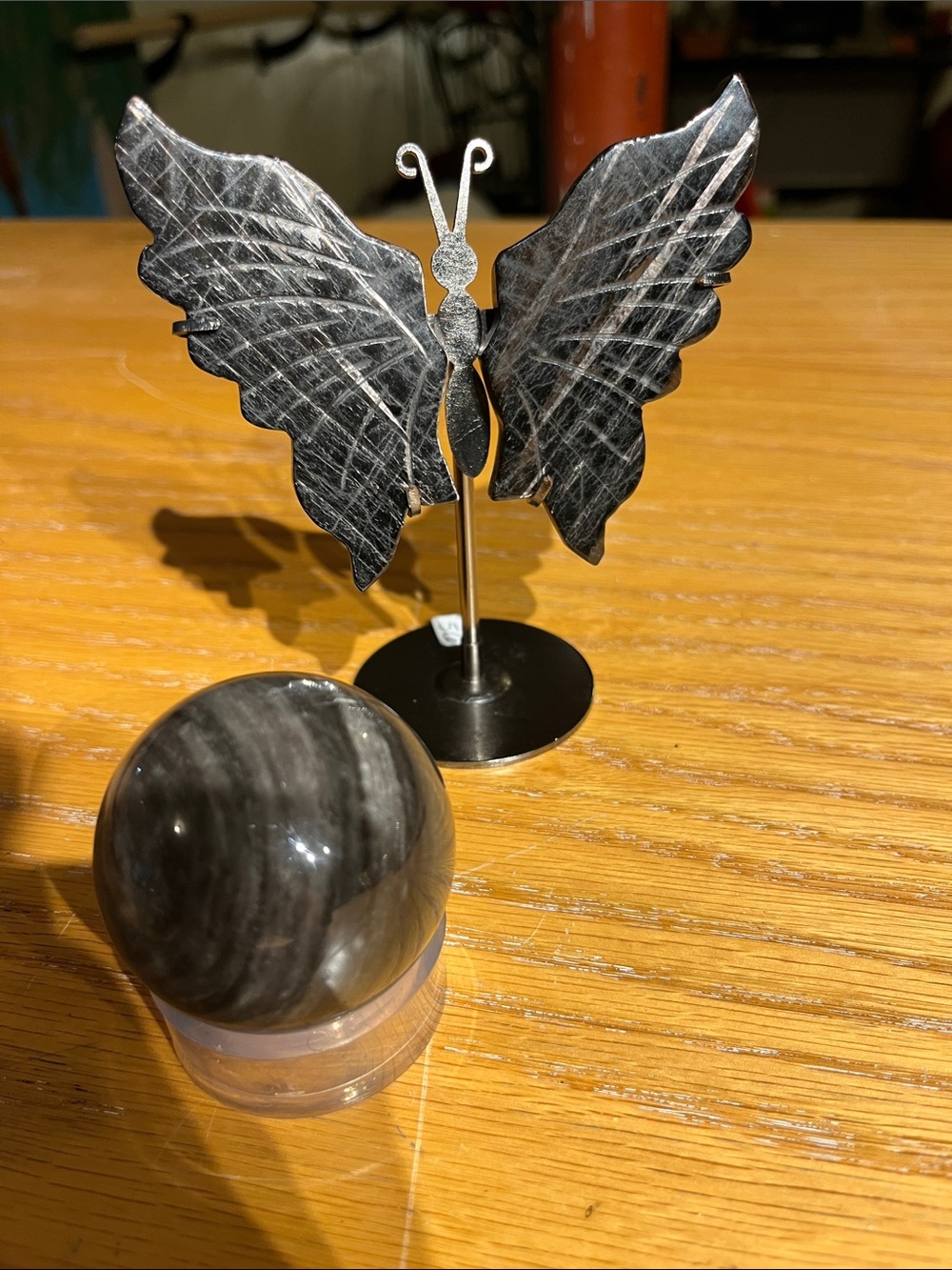 Hypersthene wings and silver sheen obsidian sphere- Drockwell